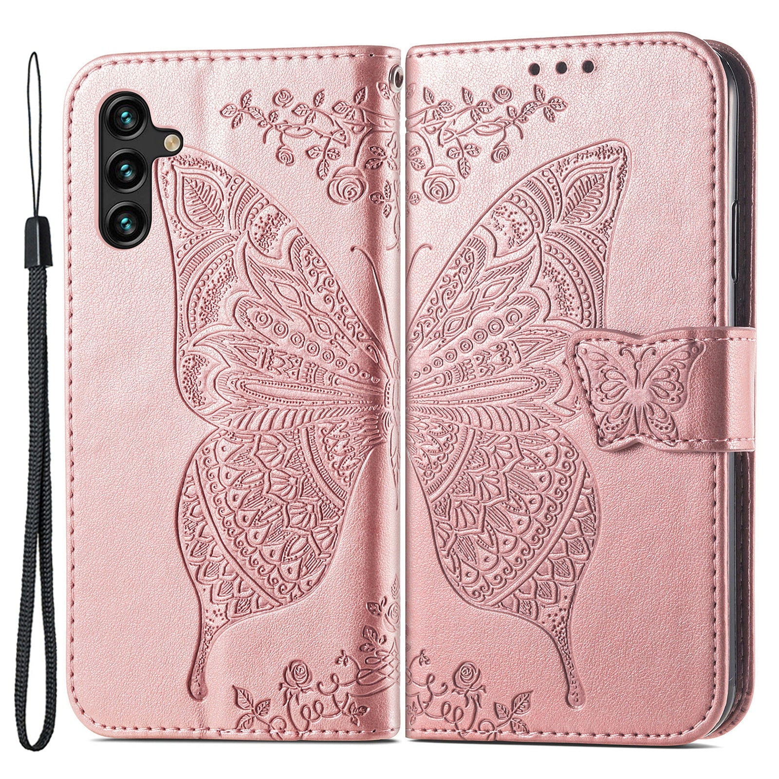 Til Samsung Galaxy A14 5G A14 4G Anti-fald præget sommerfuglemønster telefonetui PU læder TPU telefon Flip Wallet Cover Stand med rem Til Samsung Galaxy A14 5G A14 4G Anti-fald præget sommerfuglemønster telefonetui PU læder TPU telefon Flip Wallet Cover Stand med rem
